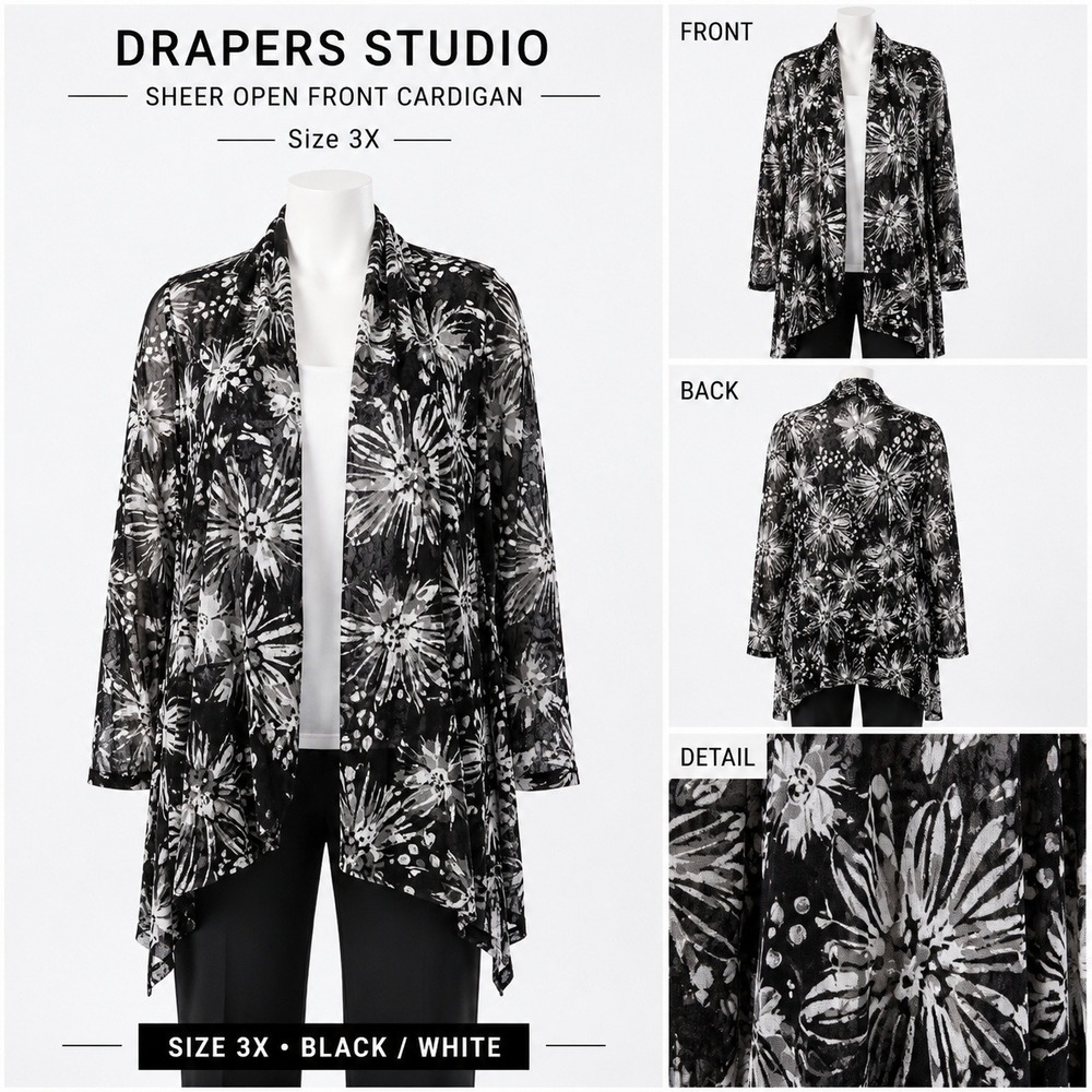 Drapers Studio Womens 3X Black White Floral Sheer Mesh Open Front Cardigan Layer